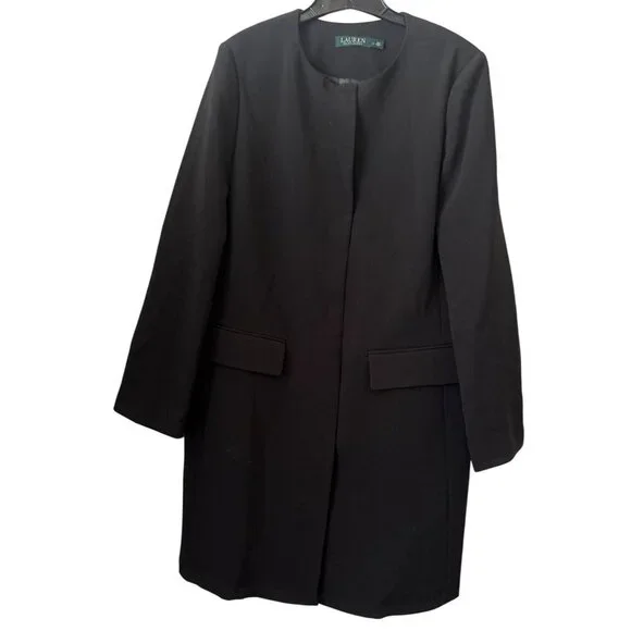 RALPH LAUREN L Black Coat with Snap Buttons Collarless‎ Oversize Look - Picture 2 of 5